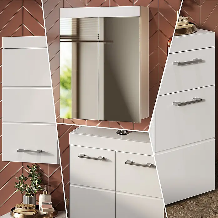 Vicco Badmöbel-Set Luna Weiß 4 Teile - Gesamtbreite Badmöbel: 97 cm, Weiß, Matt - Weißes Hochglanz-Badmöbelset mit Spiegelschrank, Hochschrank und Waschtischunterschrank mit integriertem Waschbecken und grauen Griffen.