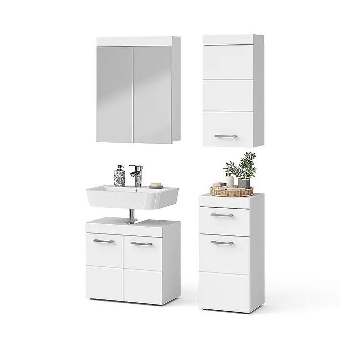 Vicco Badmöbel-Set Luna Weiß 4 Teile - Gesamtbreite Badmöbel: 97 cm, Weiß, Matt - Weißes Badmöbel-Set mit Waschbeckenunterschrank, Spiegelschrank und Hochschränken.