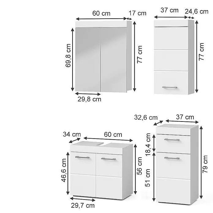 Vicco Badmöbel-Set Luna Weiß 4 Teile - Gesamtbreite Badmöbel: 97 cm, Weiß, Matt - Set weißer Badmöbel mit Schränken, Schubladen und Spiegel, dargestellt mit detaillierten Maßen.