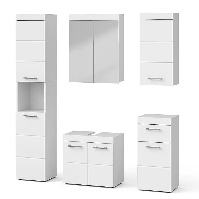 Vicco Badmöbel-Set Luna Weiß 5 Teile - Gesamtbreite Badmöbel: 134 cm, Weiß, Matt - Weißes modulares Badezimmermöbel-Set mit Hochschrank, Spiegelschrank, Hängeschränken und Waschbeckenunterschrank.