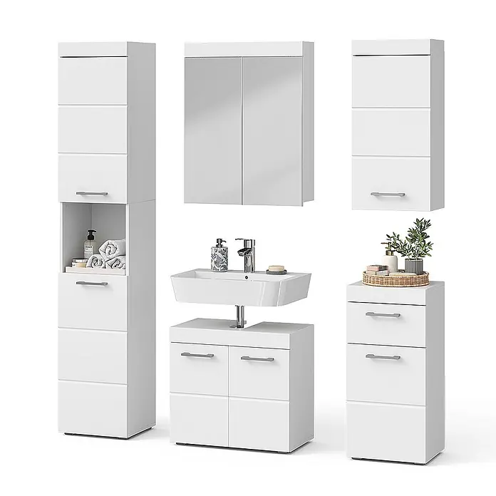 Vicco Badmöbel-Set Luna Weiß 5 Teile - Gesamtbreite Badmöbel: 134 cm, Weiß, Matt - Weißes Badmöbelset: Hochschrank, Spiegelschrank, Wandschrank, Waschtischunterschrank mit Waschbecken und Schubladenschrank.