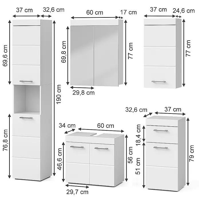 Vicco Badmöbel-Set Luna Weiß 5 Teile - Gesamtbreite Badmöbel: 134 cm, Weiß, Matt - Modernes weißes Badmöbel-Set mit Hochschränken, Spiegelschrank, Waschtischunterschrank und Kommode, Maße angegeben.