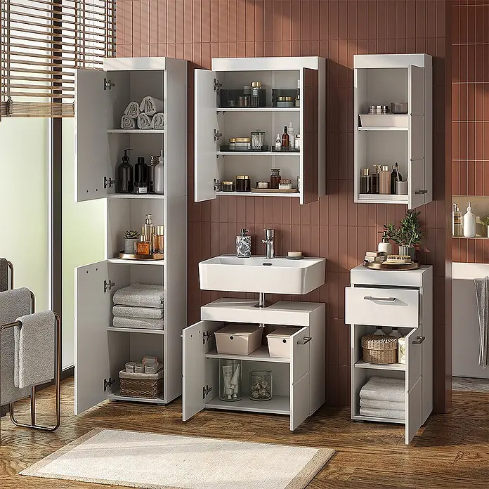 Vicco Badmöbel-Set Luna Weiß 5 Teile - Gesamtbreite Badmöbel: 134 cm, Weiß, Matt - Weiße Badaufbewahrungsschränke: Hoch-, Wand-, Waschtisch- und Bodeneinheiten für optimale Organisation.