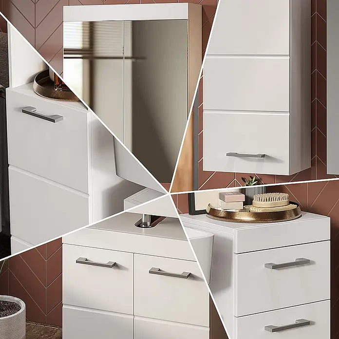 Vicco Badmöbel-Set Luna Weiß 5 Teile - Gesamtbreite Badmöbel: 134 cm, Weiß, Matt - Weißes Badmöbel-Set mit Spiegelschrank, Waschbecken, Stauraum und silbernen Griffen in einem modernen Badezimmer.