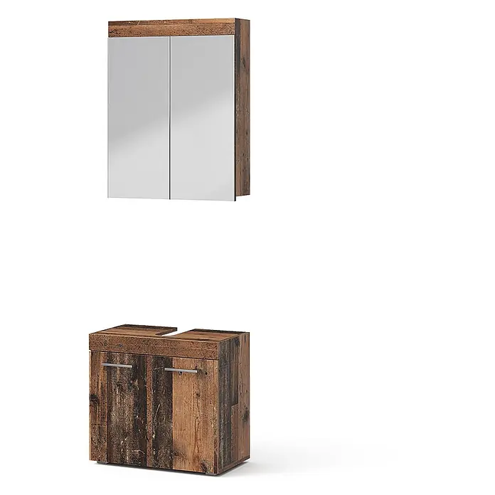 Vicco Badmöbel-Set Luna Oldstyle 2 Teile - Oldstyle, Matt - Badezimmermöbel-Set: Spiegelschrank und Waschtischunterschrank mit Used-Look-Holzoptik und silbernen Griffen.