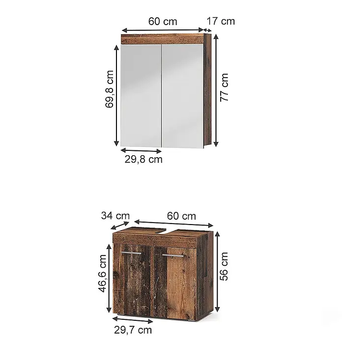 Vicco Badmöbel-Set Luna Oldstyle 2 Teile - Oldstyle, Matt - Rustikaler brauner Spiegelschrank und passender Waschtischunterschrank mit Maßen.