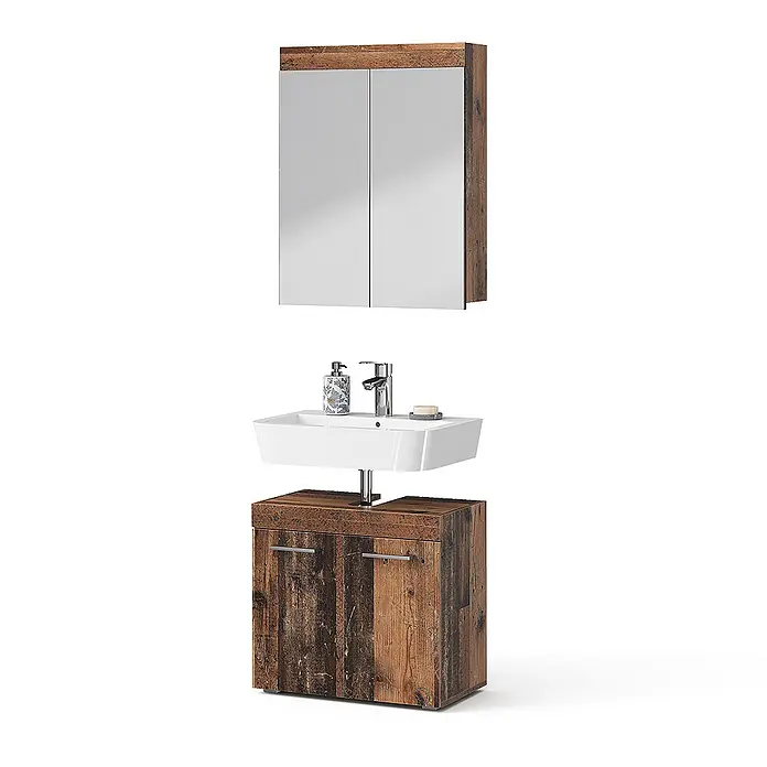 Vicco Badmöbel-Set Luna Oldstyle 2 Teile - Oldstyle, Matt - Badezimmermöbel-Set mit Spiegelschrank über einem weißen Keramikwaschbecken mit Armatur und einem rustikalen Waschtischunterschrank aus dunklem Holz.