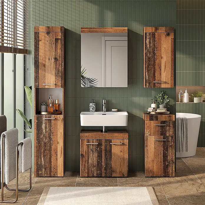 Vicco Badmöbel-Set Luna Oldstyle 2 Teile - Oldstyle, Matt - Badmöbel-Set aus rustikalem dunklem Holz mit Waschtischunterschrank, Hochschrank, Wandschrank und Spiegel.