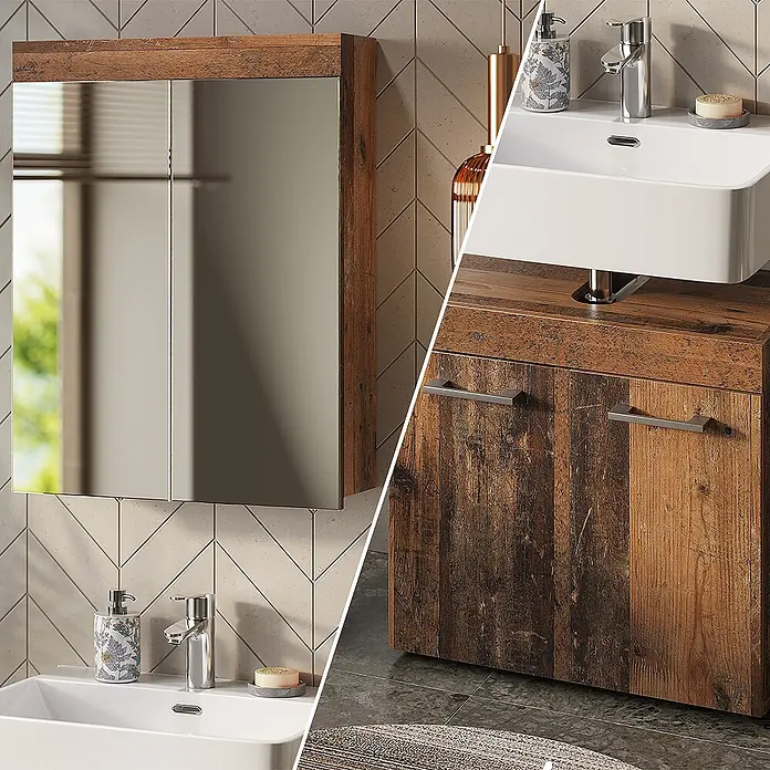 Vicco Badmöbel-Set Luna Oldstyle 2 Teile - Oldstyle, Matt - Badezimmermöbel-Set aus rustikalem dunklem Holz mit Spiegelschrank und Waschtischunterschrank mit weißem Waschbecken.