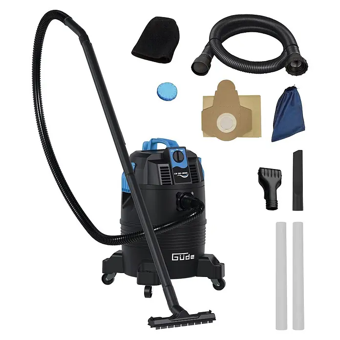 Güde Teichschlammsauger GS 30-1600 3 IN 1 - 1.600 W, Tankvolumen: 30 l - Schwarzer und blauer Güde Nass-Trockensauger mit flexiblem Schlauch, Verlängerungsrohren, Bodendüse und verschiedenen Zubehörteilen wie Filtern und Düsen.