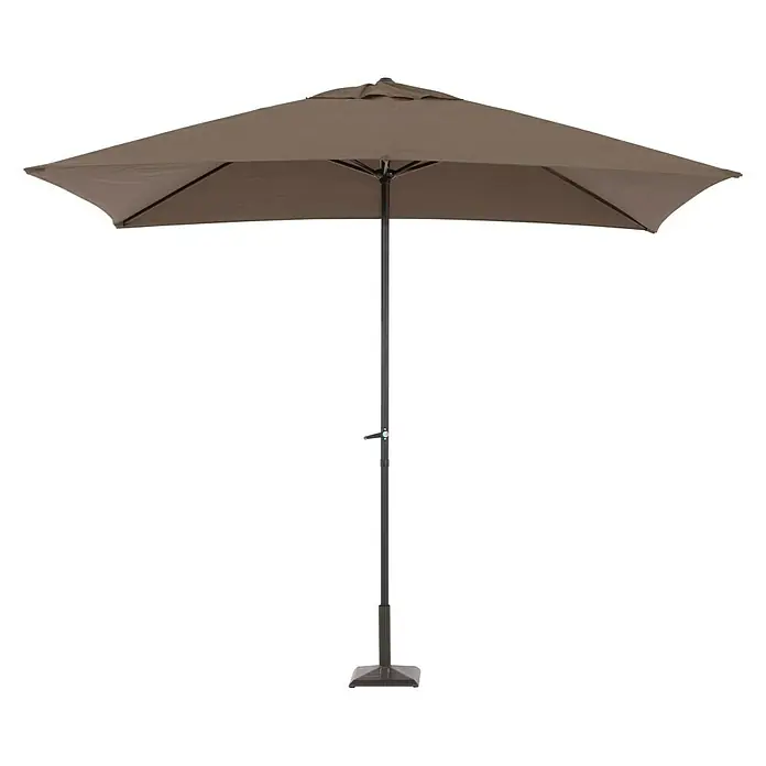 Sunfun Parasol Venecia II - Taupe, 300 x 300 cm, Aluminio - Una sombrilla rectangular marrón para patio sobre un soporte negro, que ofrece sombra en días soleados.