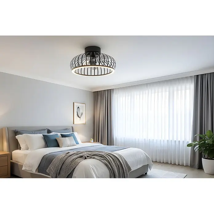 Eglo Ventilador de techo Mogano - Negro, 42,8 cm, 20 W, Blanco cálido - Ventilador de techo negro con diseño de jaula y luz LED circular, montado en el techo de un dormitorio.