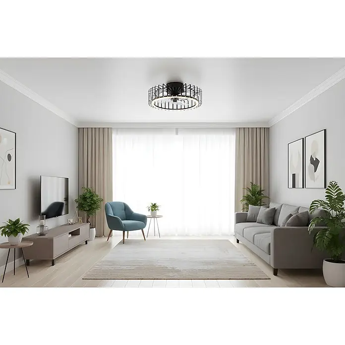 Eglo Ventilador de techo Orikum - 20 W, Diámetro: 46,3 cm, Negro, Con bombillas, LED - Lámpara de techo moderna de jaula negra con anillo dorado, iluminando un salón contemporáneo.