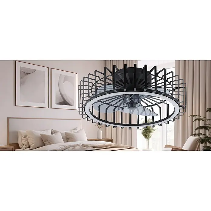 Eglo Ventilador de techo Orikum - 20 W, Diámetro: 46,3 cm, Negro, Con bombillas, LED - Ventilador de techo negro moderno con jaula y luz LED, instalado en un dormitorio.