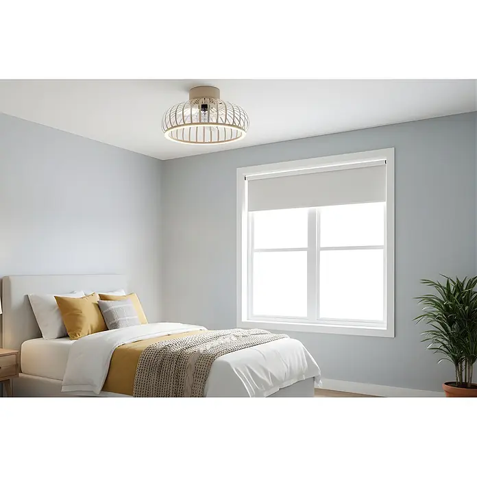 Eglo Ventilador de techo Mogano - Beige, 42,8 cm, 20 W, Blanco cálido - Lámpara de techo empotrada de lamas de madera que ilumina un dormitorio moderno.