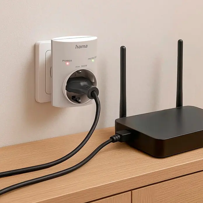 Hama Überspannungsadapter 00223324 - Weiß - Weißer Hama Überspannungsschutz in Steckdose, verbunden mit schwarzem Router.