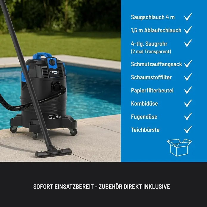 Güde Teichschlammsauger GS 30-1600 3 IN 1 - 1.600 W, Tankvolumen: 30 l - Schwarz-blauer Teich- und Poolstaubsauger mit Zubehör am Schwimmbecken.