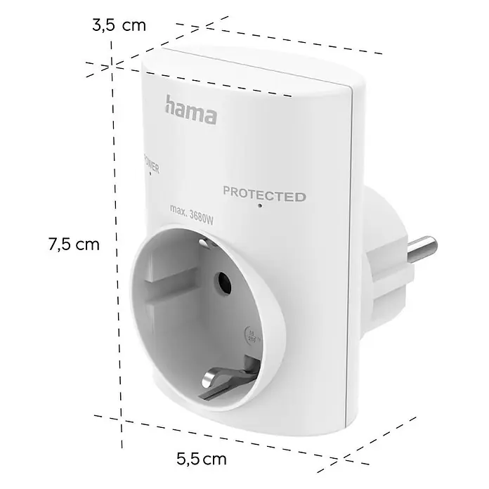 Hama Überspannungsadapter 00223324 - Weiß - Weißer Hama Überspannungsschutz mit einer Steckdose und Stecker, max. 3680W Leistung, Schutzanzeige.