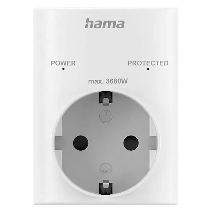 Hama Überspannungsadapter 00223324 - Weiß - Weißer Hama Steckdosenadapter mit einer Schuko-Buchse, 'POWER'- und 'PROTECTED'-Anzeigen, max. 3680W Leistung.