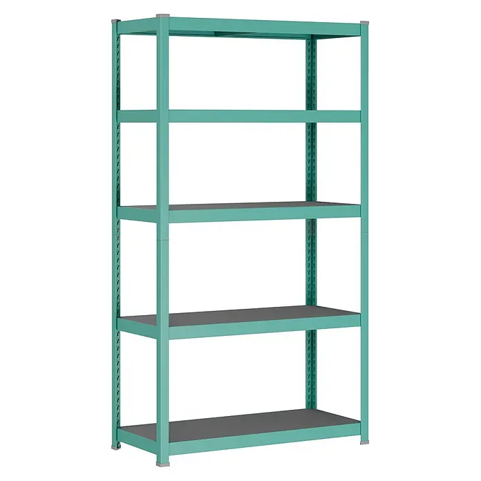 Metallregal - H x B x T: 180 x 100 x 45 cm, Traglast pro Boden: 200 kg, Anzahl Böden: 5 Stk., Stecken, Mint - Türkises Metall-Lagerregal mit fünf dunkelgrauen, verstellbaren Böden.