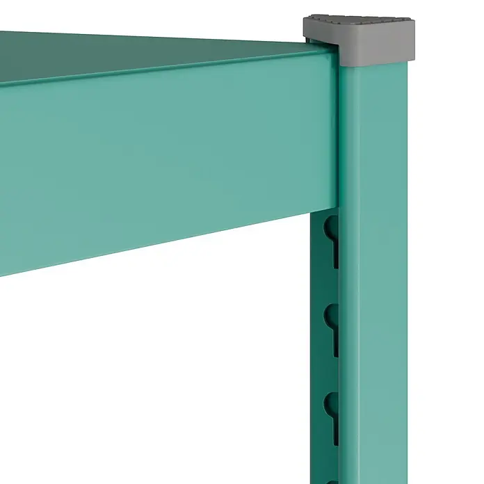Metallregal - H x B x T: 180 x 100 x 45 cm, Traglast pro Boden: 50 kg, Anzahl Böden: 5 Stk., Stecken, Mint - Türkise Regalecke mit strukturierter grauer Schutzkappe.