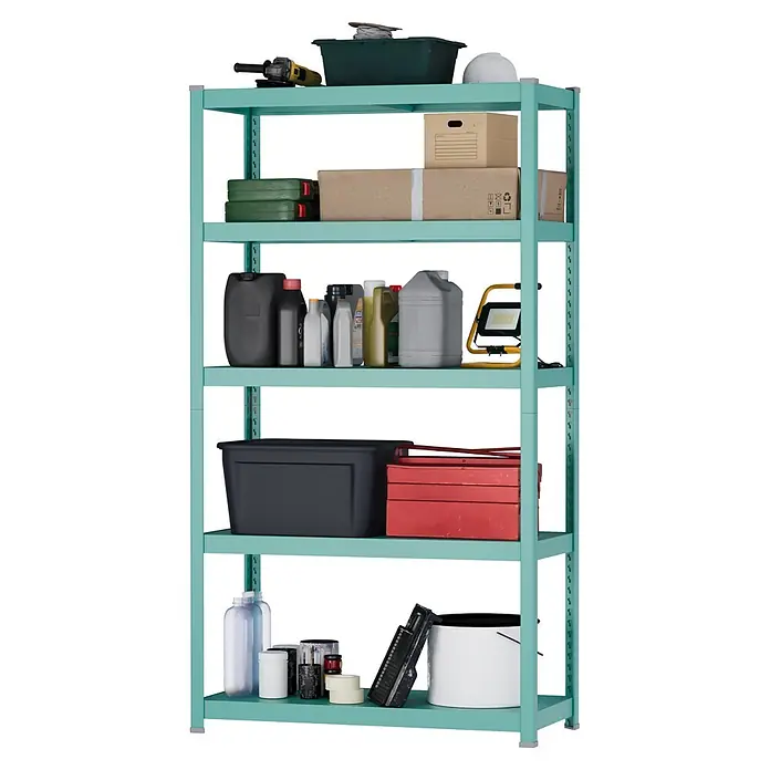 Metallregal - H x B x T: 180 x 100 x 45 cm, Traglast pro Boden: 50 kg, Anzahl Böden: 5 Stk., Stecken, Mint - Mintgrünes Metallregal mit fünf Ablagen, beladen mit Werkzeugen, Behältern und diversem Zubehör.