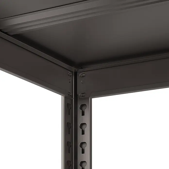 Metallregal - H x B x T: 180 x 100 x 45 cm, Traglast pro Boden: 50 kg, Anzahl Böden: 5 Stk., Stecken, Graphit - Dunkelgraue Metallecke eines Regals, mit oberem Brett und Stütze mit Schlüssellochschlitzen für verstellbare Böden.