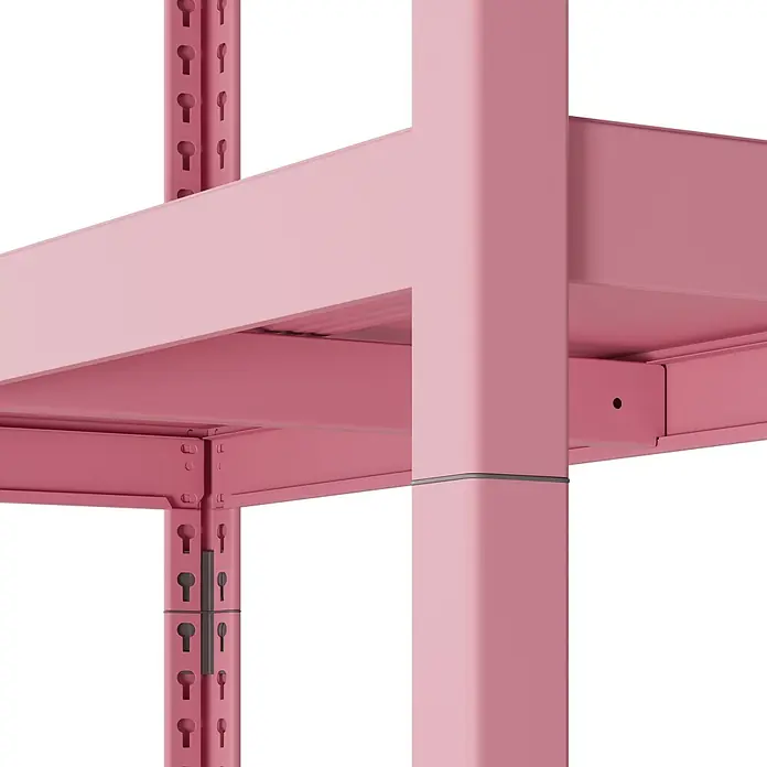 Metallregal - H x B x T: 180 x 100 x 45 cm, Traglast pro Boden: 50 kg, Anzahl Böden: 5 Stk., Stecken, Pink - Pinkfarbenes Metallregal mit Ablagen und Stützträgern.