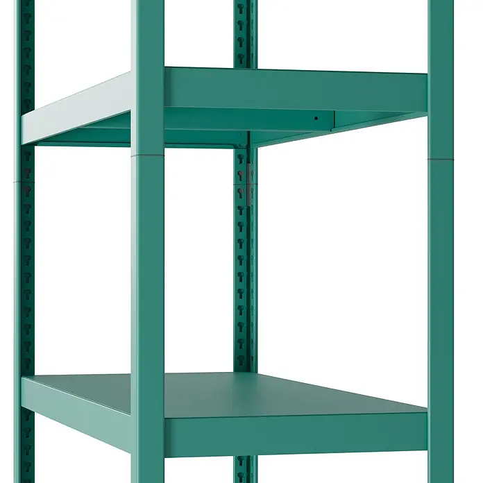 Metallregal - H x B x T: 180 x 100 x 45 cm, Traglast pro Boden: 50 kg, Anzahl Böden: 5 Stk., Stecken, Mint - Verstellbares grünes Metallregal mit sichtbaren Schlüssellochschlitzen.