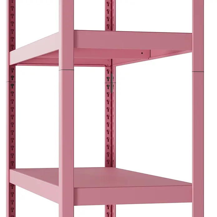 Metallregal - H x B x T: 180 x 100 x 45 cm, Traglast pro Boden: 50 kg, Anzahl Böden: 5 Stk., Stecken, Pink - Rosa Metallregal mit verstellbaren Böden, aus der Nähe gezeigt.
