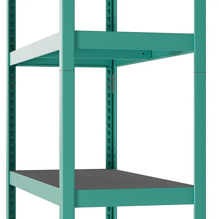 Metallregal - H x B x T: 180 x 100 x 45 cm, Traglast pro Boden: 200 kg, Anzahl Böden: 5 Stk., Stecken, Mint - Nahaufnahme eines türkisfarbenen Metallregals mit schwarzen Böden und verstellbaren Schlüsselloch-Ständern.