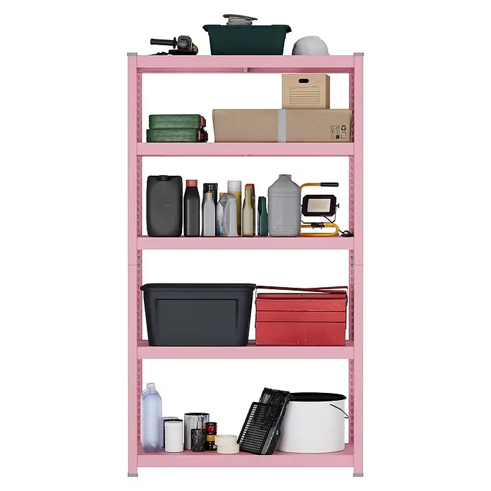 Metallregal - H x B x T: 180 x 100 x 45 cm, Traglast pro Boden: 50 kg, Anzahl Böden: 5 Stk., Stecken, Pink - Pinkes Metallregal mit fünf Ablagen, das Werkzeuge, Flüssigkeiten und Aufbewahrungsboxen enthält.