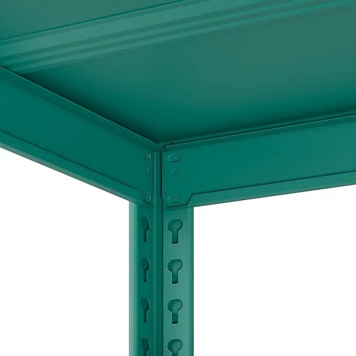 Metallregal - H x B x T: 180 x 100 x 45 cm, Traglast pro Boden: 50 kg, Anzahl Böden: 5 Stk., Stecken, Mint - Nahaufnahme einer Ecke eines tealfarbenen Metallregals mit Steckverbindung und Schlüssellochschlitzen für verstellbare Böden.