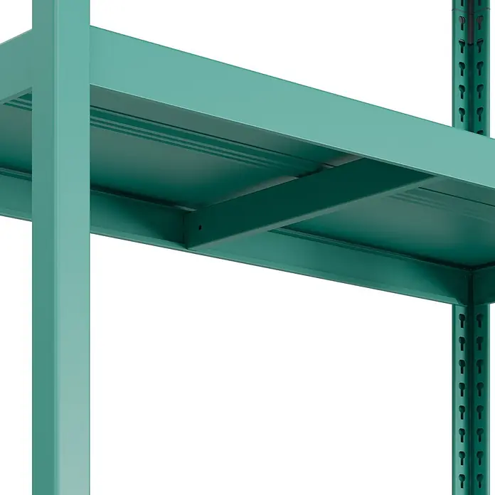 Metallregal - H x B x T: 180 x 100 x 45 cm, Traglast pro Boden: 50 kg, Anzahl Böden: 5 Stk., Stecken, Mint - Nahaufnahme eines tealfarbenen Metallregals mit Regalbrett und Stützpfosten.