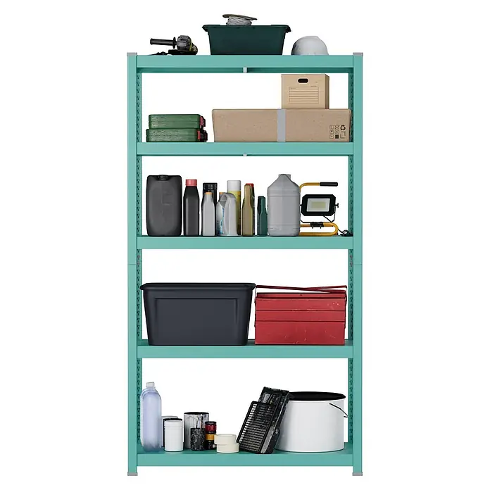 Metallregal - H x B x T: 180 x 100 x 45 cm, Traglast pro Boden: 50 kg, Anzahl Böden: 5 Stk., Stecken, Mint - Grünes Metallregal gefüllt mit Werkstatt- und Garagenwerkzeugen, Kisten und Zubehör.