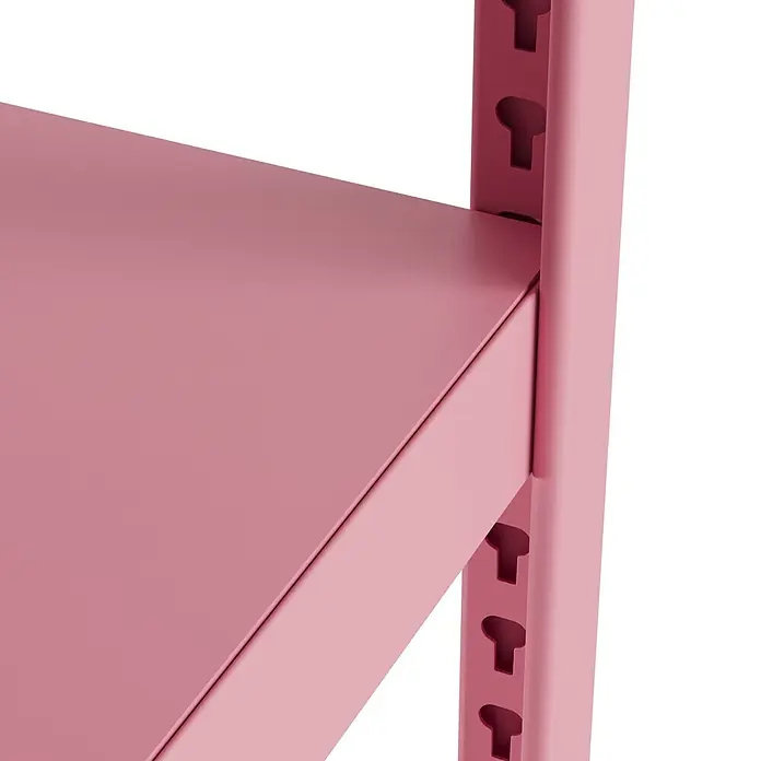 Metallregal - H x B x T: 180 x 100 x 45 cm, Traglast pro Boden: 50 kg, Anzahl Böden: 5 Stk., Stecken, Pink - Rosafarbenes Metallregalteil mit höhenverstellbarer Schlüsselloch-Stütze.