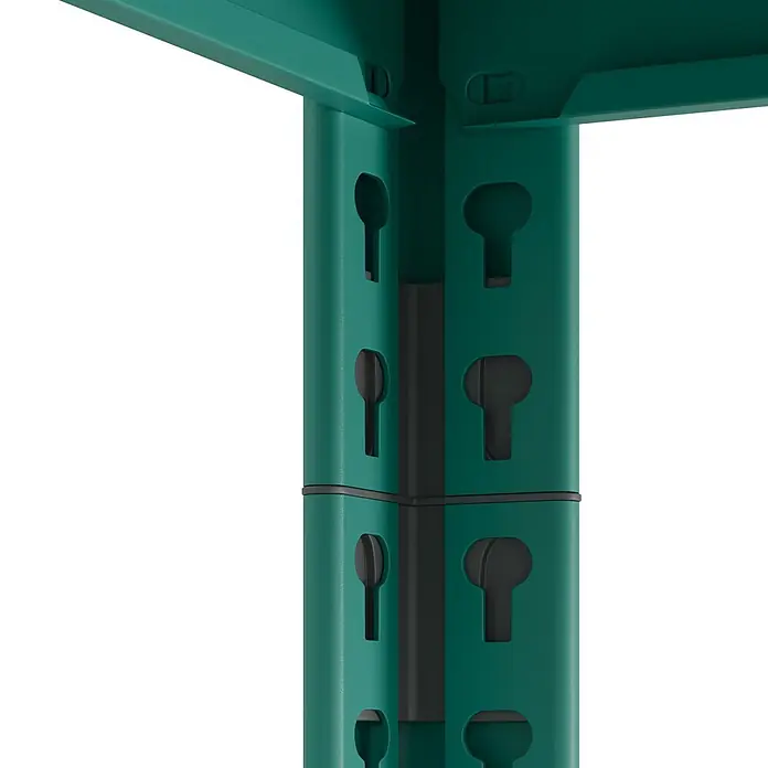 Metallregal - H x B x T: 180 x 100 x 45 cm, Traglast pro Boden: 50 kg, Anzahl Böden: 5 Stk., Stecken, Mint - Detail einer grünen Metallregalecke, zeigt modulare Pfosten mit Schlüssellochschlitzen und eine verbindende Ablage.