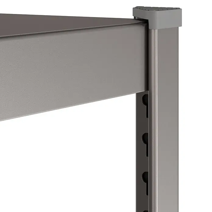 Metallregal - H x B x T: 180 x 100 x 45 cm, Traglast pro Boden: 50 kg, Anzahl Böden: 5 Stk., Stecken, Graphit - Silbergraue Metalleckverbindung eines Regals mit Horizontalbalken, vertikaler Stütze und Kunststoffkappe.