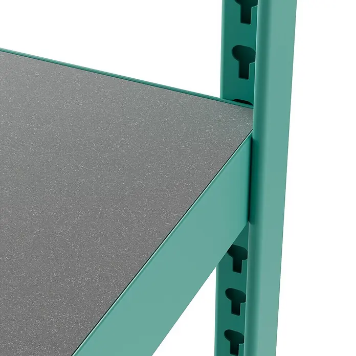 Metallregal - H x B x T: 180 x 100 x 45 cm, Traglast pro Boden: 200 kg, Anzahl Böden: 5 Stk., Stecken, Mint - Nahaufnahme eines grauen Regalbodens, getragen von einem türkisfarbenen Metallrahmen.