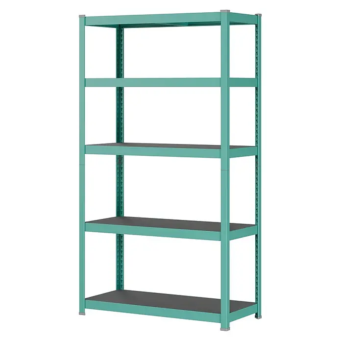 Metallregal - H x B x T: 180 x 100 x 45 cm, Traglast pro Boden: 200 kg, Anzahl Böden: 5 Stk., Stecken, Mint - Türkises Metallregal mit fünf dunkelgrauen Ablagen.