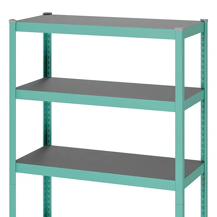 Metallregal - H x B x T: 180 x 100 x 45 cm, Traglast pro Boden: 200 kg, Anzahl Böden: 5 Stk., Stecken, Mint - Verstellbares vierstöckiges Metallregal mit türkisfarbenem Rahmen und dunkelgrauen Böden.