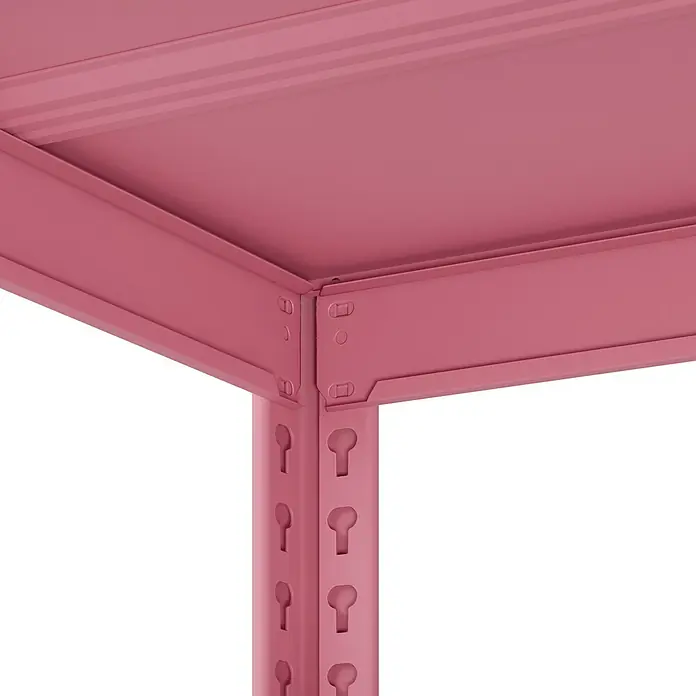 Metallregal - H x B x T: 180 x 100 x 45 cm, Traglast pro Boden: 50 kg, Anzahl Böden: 5 Stk., Stecken, Pink - Rosa Metalleckverbindung eines Regals mit Schlüssellochschlitzen.