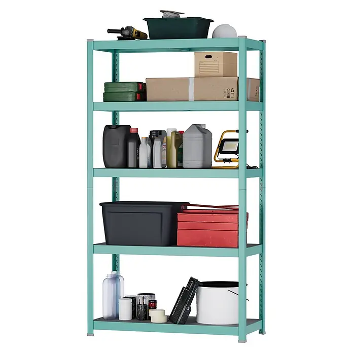 Metallregal - H x B x T: 180 x 100 x 45 cm, Traglast pro Boden: 200 kg, Anzahl Böden: 5 Stk., Stecken, Mint - Türkises Metallregal mit grauen Böden, gefüllt mit Werkzeugen, Kartons und Flüssigkeitsbehältern.