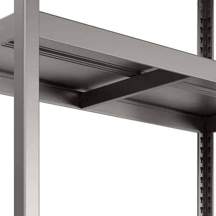 Metallregal - H x B x T: 180 x 100 x 45 cm, Traglast pro Boden: 50 kg, Anzahl Böden: 5 Stk., Stecken, Graphit - Graues Metallregal, Unterseite eines Bodens mit Stützbalken und vertikaler Pfosten mit Schlüssellochschlitzen.