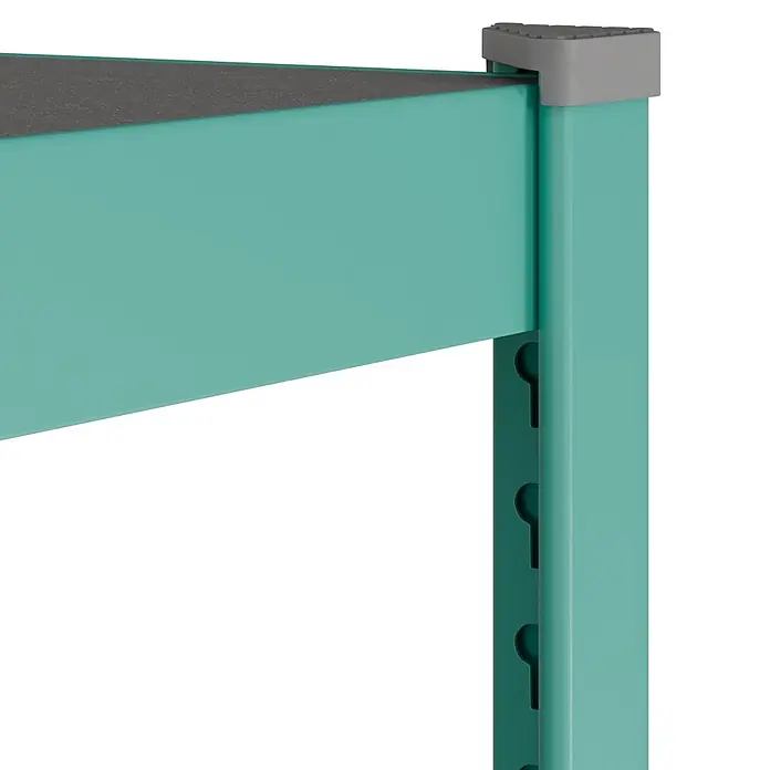 Metallregal - H x B x T: 180 x 100 x 45 cm, Traglast pro Boden: 200 kg, Anzahl Böden: 5 Stk., Stecken, Mint - Eckverbindung eines teal-farbenen Metallregals mit grauer Kunststoffkappe und verstellbarer Stütze.