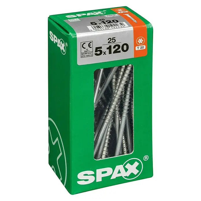 Spax T-Star plus Universalschraube T-Star plus - Ø x L: 5 x 120 mm, WIROX Oberfläche, T-Star plus, 25 Stk. - Eine grüne Spax Schraubenbox mit der Aufschrift "25 5x120", gefüllt mit silbernen Schrauben, ideal für Holzverbindungen und Heimwerkerprojekte.