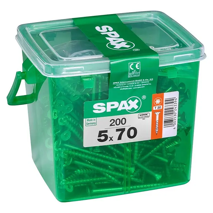 Spax Universalschraube T-Star plus - Ø x L: 5 x 70 mm, WIROX Oberfläche, T-Star plus, 200 Stk., Kunststoffbox - Dose mit 200 Spax Universalschrauben 5x70 mm, ideal für vielfältige Anwendungen im Innen- und Außenbereich, mit WIROX-Oberfläche für erhöhten Korrosionsschutz.