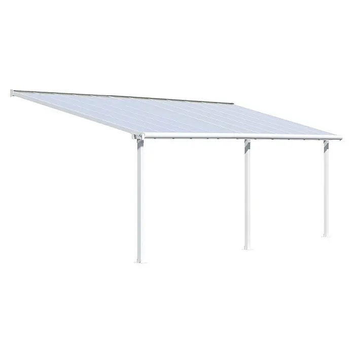 Palram – Canopia Terrassenüberdachung Olympia - B x T: 730 x 300 cm, Verkehrsweiß, Polycarbonat, Transparent - Bild eines weißen Gartenpavillons. Der Pavillon hat ein transparentes Dach und weiße Stützpfeiler. Er bietet Schatten und Schutz im Freien.