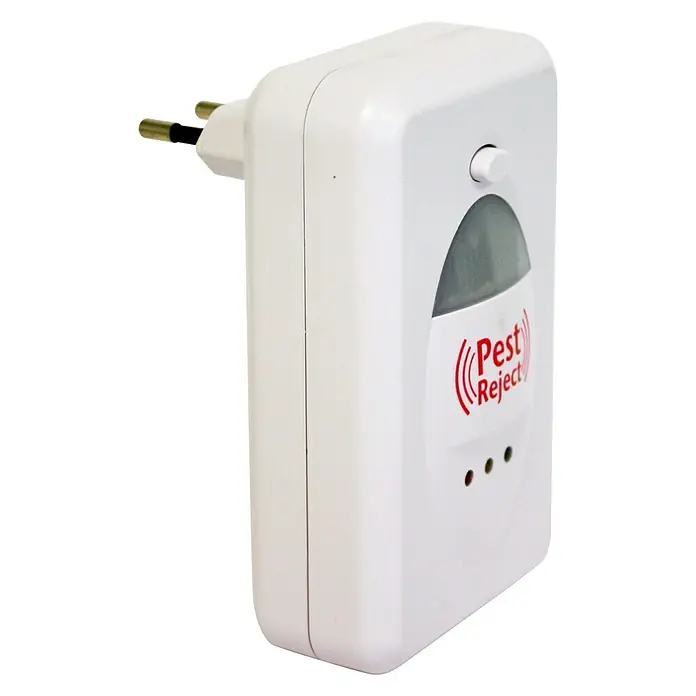 Insektenvernichter Pest Reject - Wirkungsbereich: 200 m², 3,2 W, Kunststoff - Weiße Pest Reject-Einheit mit einem Stecker und dem roten "Pest Reject"-Logo, das eine effektive Schädlingsbekämpfung verspricht.