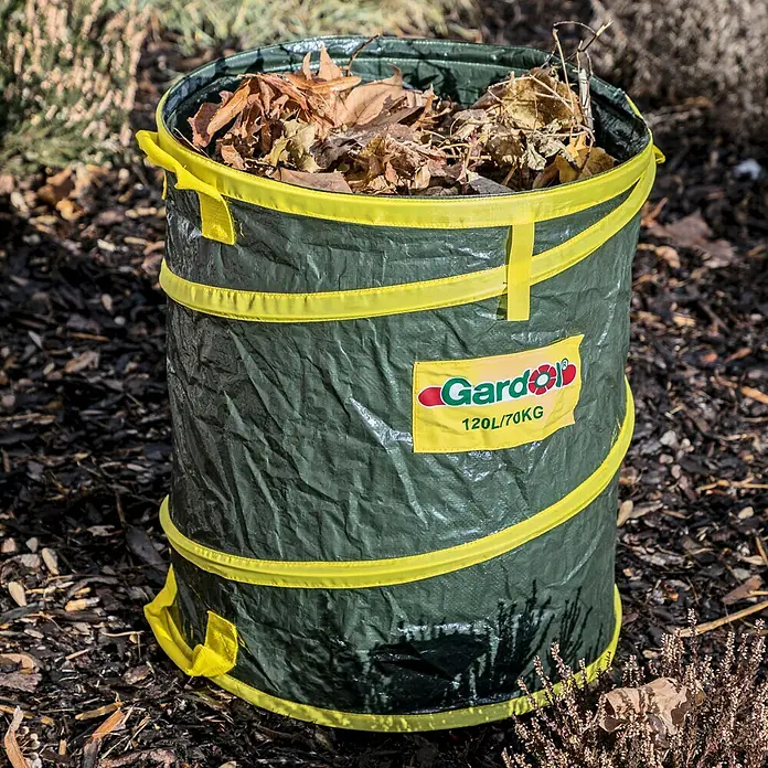 Gardol Saco para desechos de jardín - 120 l, Altura: 60 cm, Diámetro: 50 cm - Saco de jardín Gardol lleno de hojas.